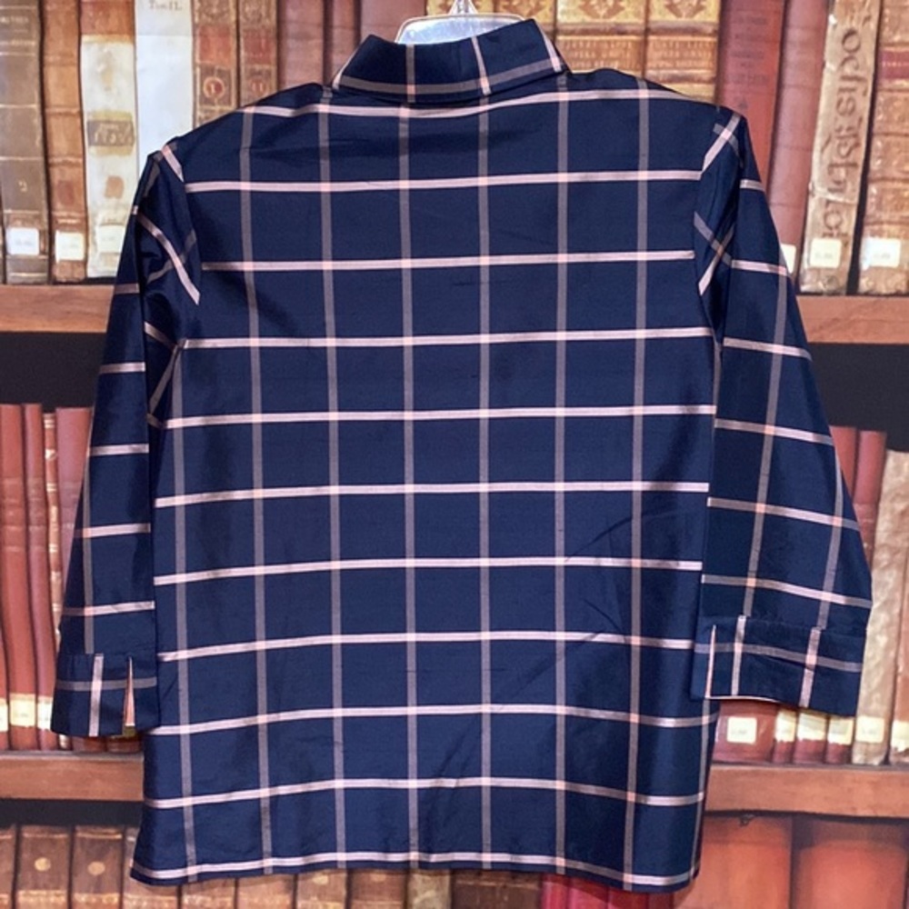 100% silk navy blue and pink plaid squares button down top Linea Louis D… - Picture 2 of 3